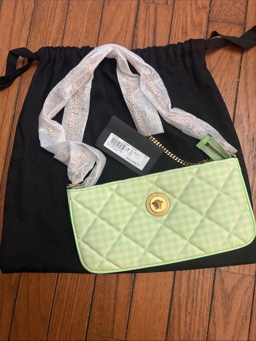 Versace New Mint Green Quilted Gingham Mini Shoulder Bag with Gold Medusa